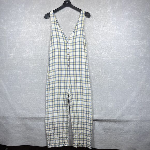Urban Outfitters Jumpsuit Womens S Yellow Blue Plaid Button Through Wide Leg - Picture 1 of 12